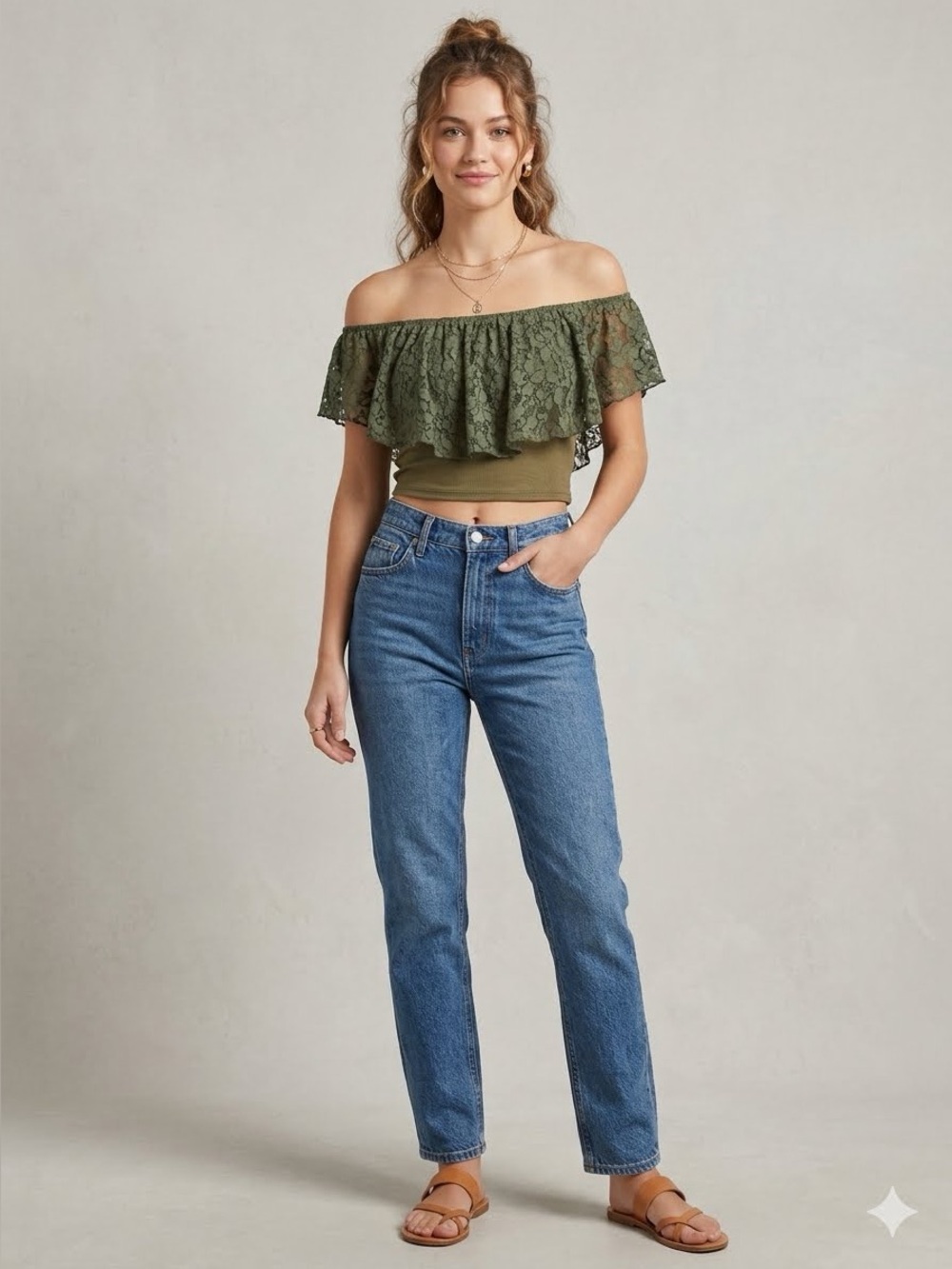 VIDA Olive Green Lace Off-Shoulder Ruffle Crop Top